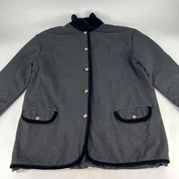 VTG st.john stand up collar coats jacket Size L Velvet Trim Button Gray Cardigan - Picture 3 of 13